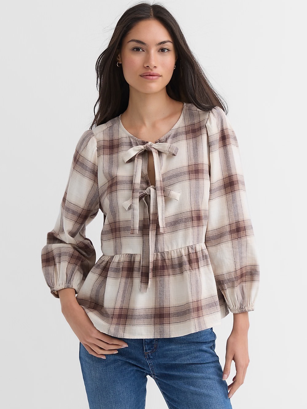 LOFT Plaid Flannel Bow Peplum Top, Tan/White, Size XXL